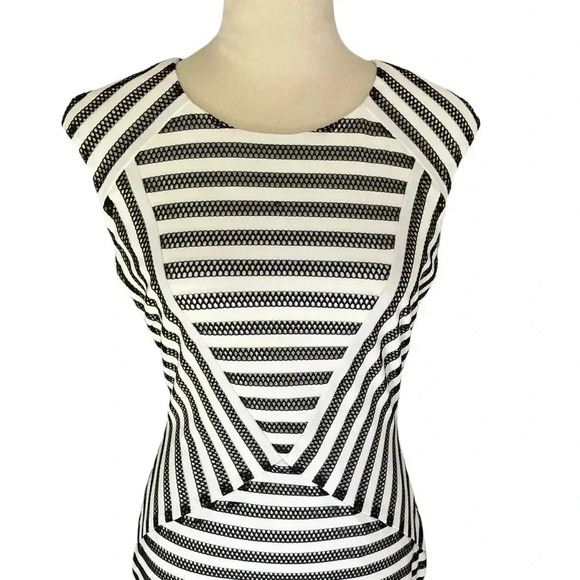 Cache Sexy Bodycon Black Mesh White Stripes Midi Dress Women Size 4 - Picture 4 of 5